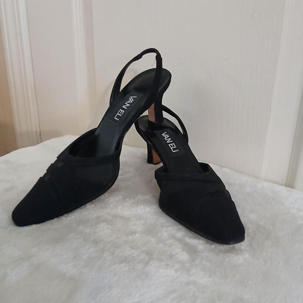 Y2K Vintage VANELi Black Pointed Toe Slingback Chunky Kitten Heel Pumps 7 Classy